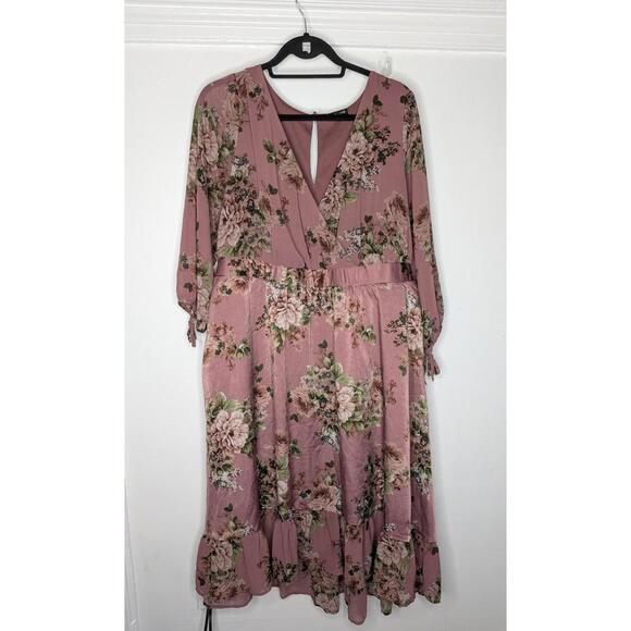 torrid Dresses & Skirts - Torrid Dress Womens 2 Pink Floral Wrap Fit & Flare Chiffon Ruffle Midi Boho